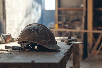 Used construction helmet rests on weathered workbench.