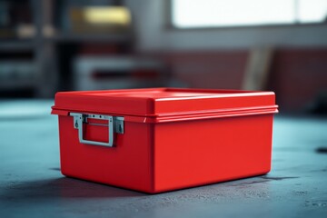 Red storage container on a gray surface.
