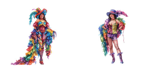 woman dressed carnival costume with feather boa watercolor vector illustration