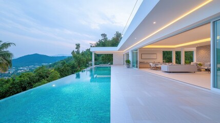 Fototapeta premium Luxury Infinity Pool Villa with Stunning Mountain View Modern Design and Breathtaking Scenery