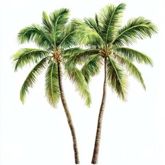 Fototapeta premium Two Watercolor Coconut Palm Trees Isolated on White Background Hand Drawn Art
