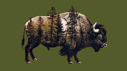 Bison and forest double exposure element animation isolated asset, transparent 4K video, alpha channel, ProRes 4444 - Powered by Adobe