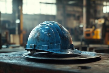 Dusty blue safety helmet resting on a metal plate in a factory.