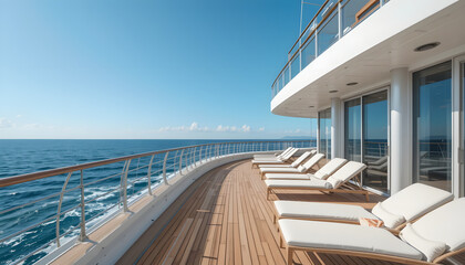Spacious cruise ship deck with lounge chairs beneath a clear blue sky