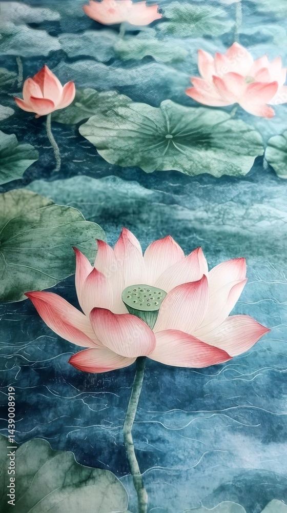 Aufkleber 水面に咲くピンクの蓮の花と緑の葉 水彩画風の繊細な描写 平和で穏やかな自然の美しさ