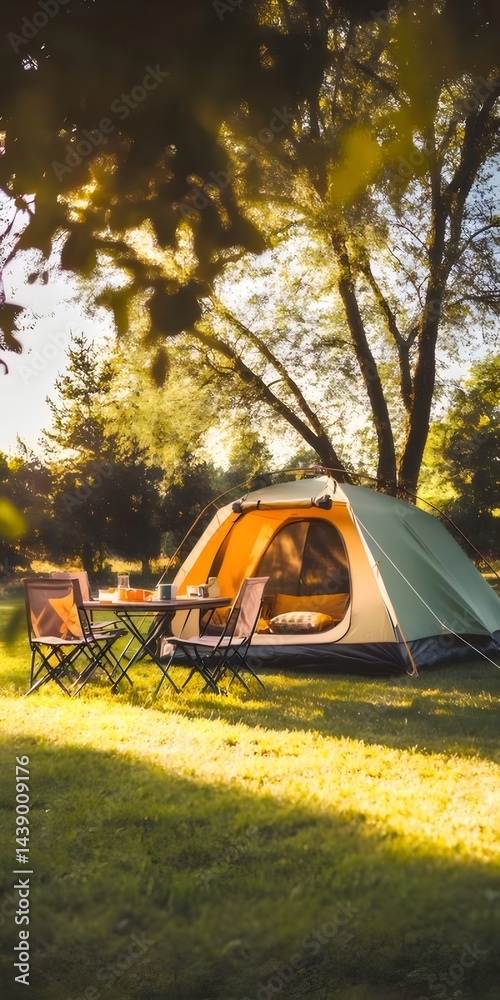 Aufkleber 木々とテントのある夏のキャンプ場の風景 鮮やかな緑色の草と木漏れ日の光の中でリラックス