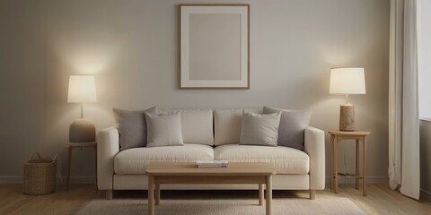 Modern living room interior design featuring a comfortable off white sofa with neutral cushions coffee table and lamps