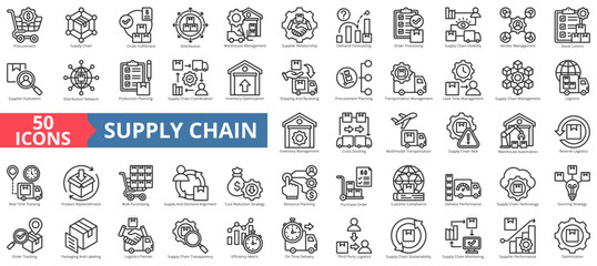 Supply chain icon collection set. Containing procurement, management, order, fulfillment, planning, distribution, warehouse, demand forecasting, processing icon. Simple outline vector illustration.