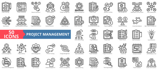 Project management icon collection set. Containing planning, scheduling, management, resource allocation, delegation, budget, timeline, scope, tracking, risk icon. Simple outline vector illustration.