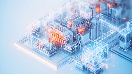 Automated factory floor, robotic arms assembling devices, factory supervisors monitoring screens, shiny surfaces, 3D isometric vector, light gray background tone, side view