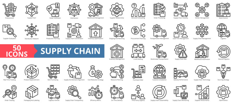 Supply chain icon collection set. Containing procurement, management, order, fulfillment, planning, distribution, warehouse, demand forecasting, processing icon. Simple outline vector illustration.