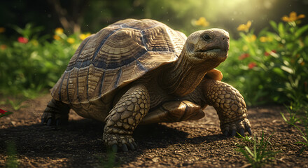 Obraz premium Walking Turtle in a Sunny Glade with Wildflowers and Dirt Path