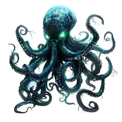 Fototapeta premium Fierce deep-sea kraken with glowing blue-green tentacles isolated on transparent background