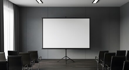 Empty Modern Conference Room with Projector Screen and Chairs