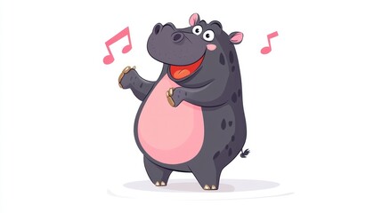 Naklejka premium Cute hippopotamus singing and dancing