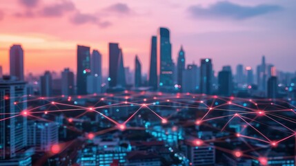 Smart City Network Illuminated Cityscape at Sunset with Network Connections