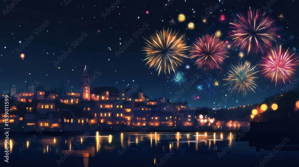 Poster 夜空を彩る花火と輝く街並み 水面に映る光の饗宴 夏の夜空に咲き誇る カラフルな光の祝祭