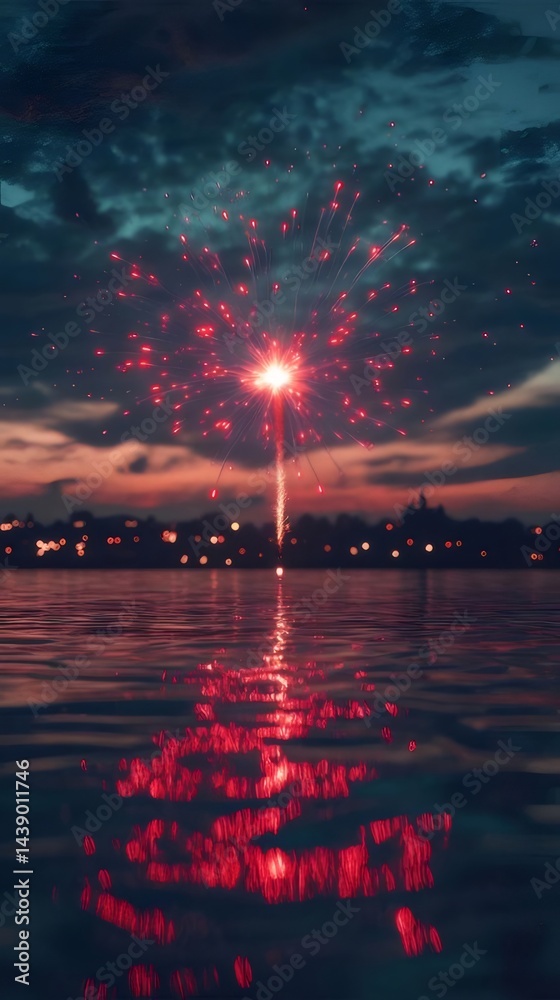 Poster 夜の水面で爆発する赤い花火の風景 湖と空に映る花火の光と色のコントラスト 夏の夜空に輝く光と影