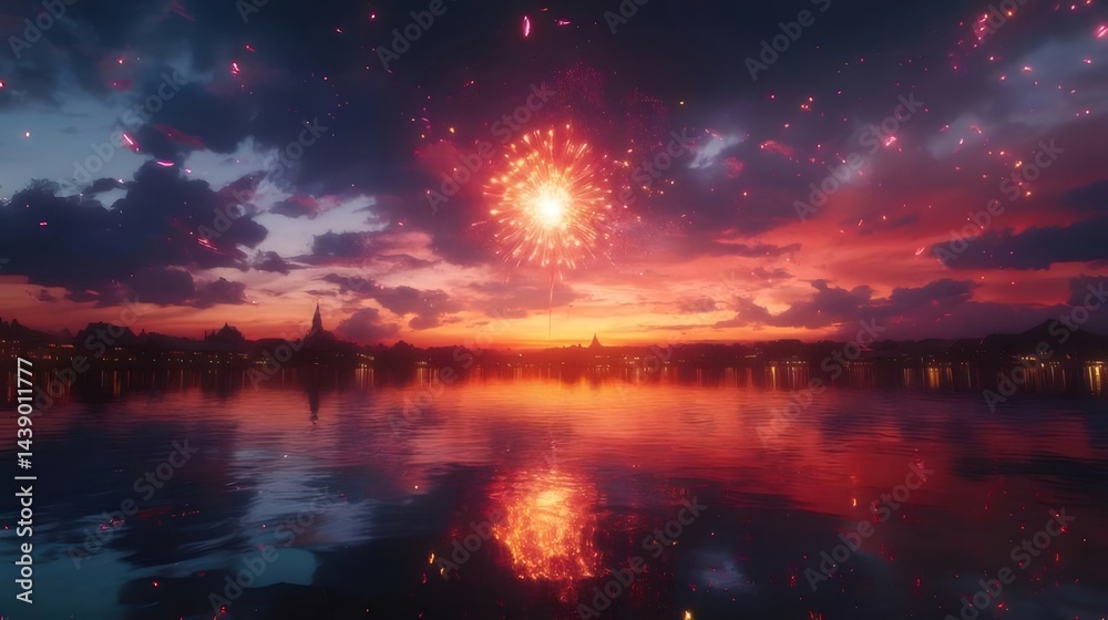 Aufkleber 夕焼け空に打ち上がる花火と水面に映る光の都市景観 夜の湖畔での夏のイベントの風景