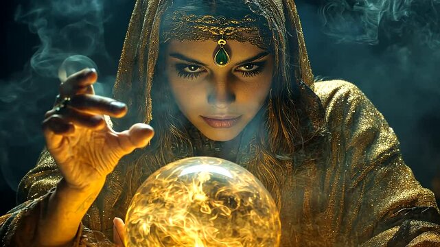 Mysterious fortune teller gazing into a glowing orb