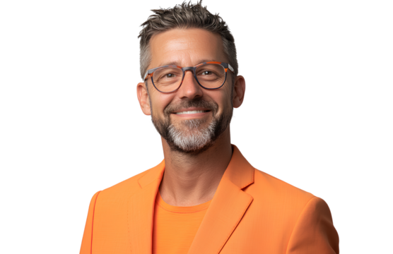  A young man wearing business attire, smiling and standing upright with his hands in his pockets, against a transparent background 