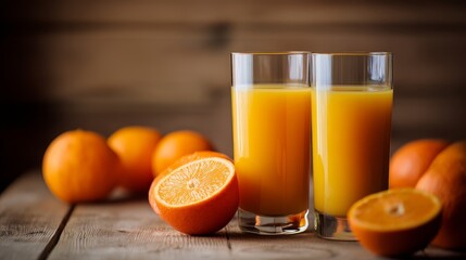 Fresh orange juice in glasses with sliced oranges on wooden table, vibrant colors and high saturation, bright food styling