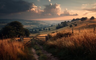 Obraz premium Golden English countryside at sunset with wooden gate, rolling hills, and dramatic sun rays through clouds, warm serene landscape