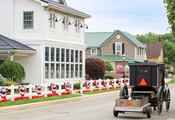 A Traditional Horse and Buggy on a Quaint Road in Shipshewana, Indiana