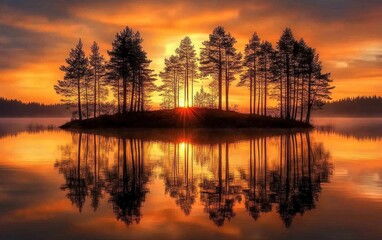 Fototapeta premium Midnight Sun's Embrace: A Swedish Lake at Twilight Mirrors Molten Orange Skies and Silent Pines, While a Mossy Islet Dances with Shadows on the Glassy Waters. A Hymn to Luminous Stillness in the Heart
