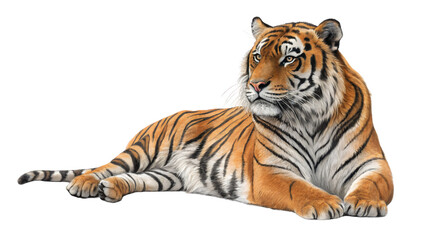 Obraz premium A tiger lying down with orange and black stripes looking off to the side with a long tail visible png on transparent background