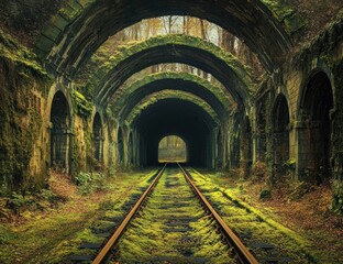 Mossy railway tunnel with stone arches evoking lost history and mystery