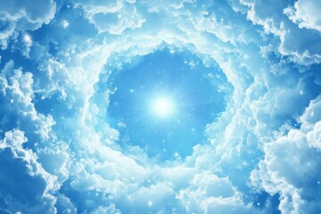 Heavenly light through clouds.  A bright, radiant light emanating from a circular opening in a vast expanse of soft, fluffy clouds