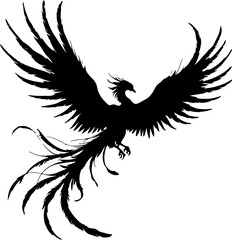 A majestic black phoenix suspended mid-flight, sharp, intricate feather details glowing subtly against a bright white, empty background.

