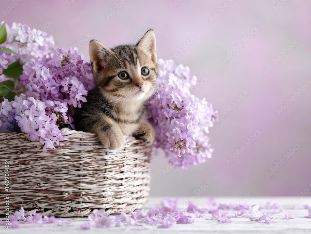 Aufkleber 紫色の花とバスケットの中の愛らしい子猫のクローズアップ写真 自然な背景 屋内 春のテーマ