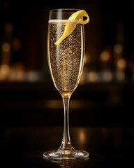 Sparkling wine in a champagne flute with lemon twist.