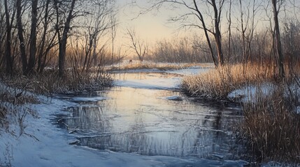 A winter landscape featuring a partially frozen river surrounded by trees and dry vegetation near sunset