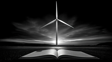 Obraz premium Windmill rises from open book, symbolizing sustainability and knowledge in action, inspiring brighter future