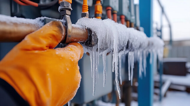 Frozen pipes and icy cables are being handled by worker in orange glove, showcasing winter maintenance challenges