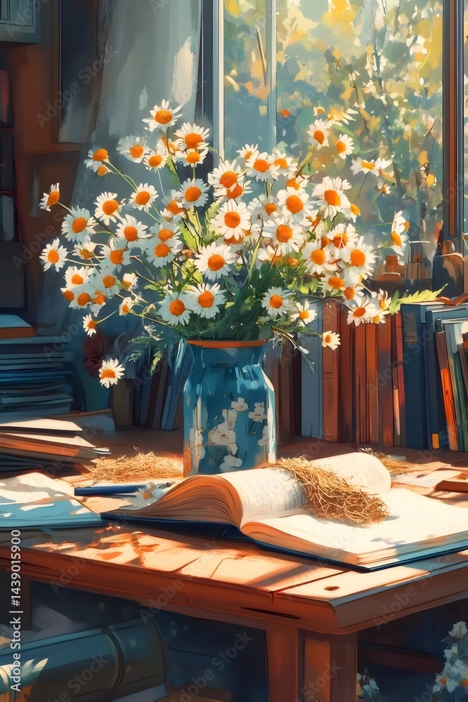 Poster 明るい窓辺に置かれたデイジーの花束と開いた本 光と影が織りなす静かな庭の風景