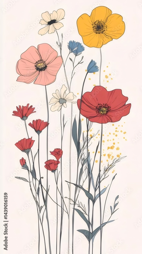 Aufkleber 背景に配置された多色の花束イラスト 明るい色の水彩画スタイル 自然と植物のテーマ