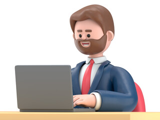 3D illustration of bearded american businessman Bob sits at the table with a laptop.Transparent Background Mockup.Supports PNG files with transparent backgrounds.