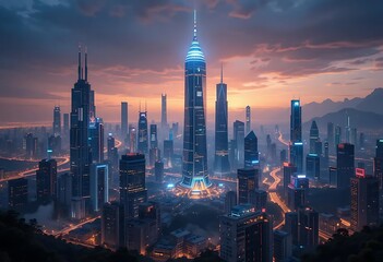 Obraz premium Futuristic Cityscape at Dawn: A Breathtaking Neon Skyline