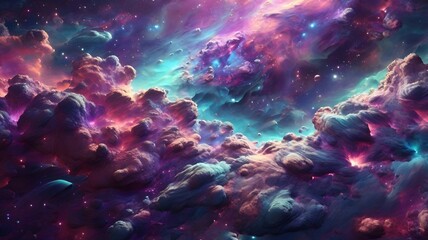 Glowing colorful nebula clouds in deep space with a magical cosmic atmosphere.