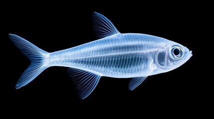Naklejka premium A transparent fish is displayed against a black background, showcasing its delicate features and internal structure.