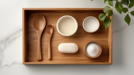 Neatly Arranged Eco-Friendly Cleaning Supplies on Wooden Tray
