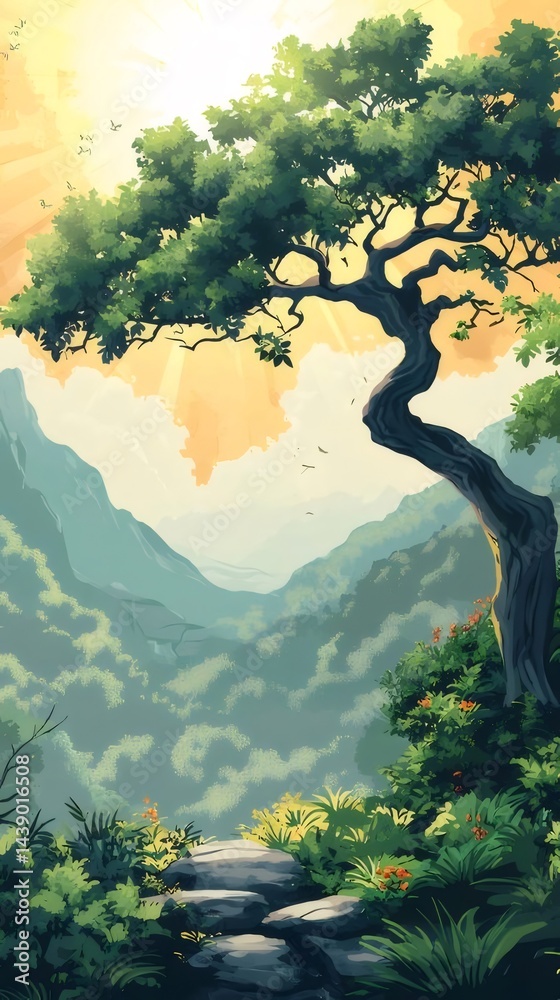 Aufkleber ピクセルアートの木々がそびえ立つ山の風景 太陽光が差し込む緑豊かな森の中の石段