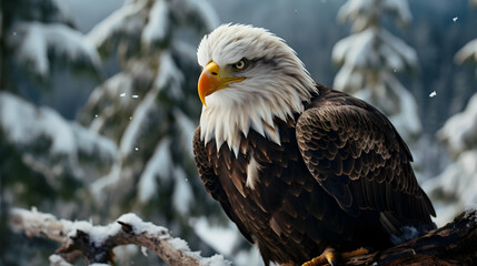 Obraz premium Majestic Bald Eagle Perched on Snow Covered Branch in Winter Forest