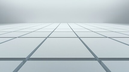 A smooth, reflective tiled surface stretches into the distance, creating a sense of depth and minimalism in a light, airy environment.