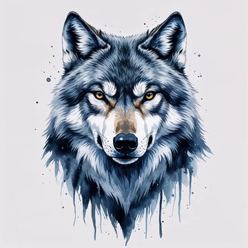 Gray Wolf watercolor art painting design on plain white background illustration