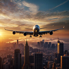 Majestic Airplane Landing Over a City Skyline at Sunset